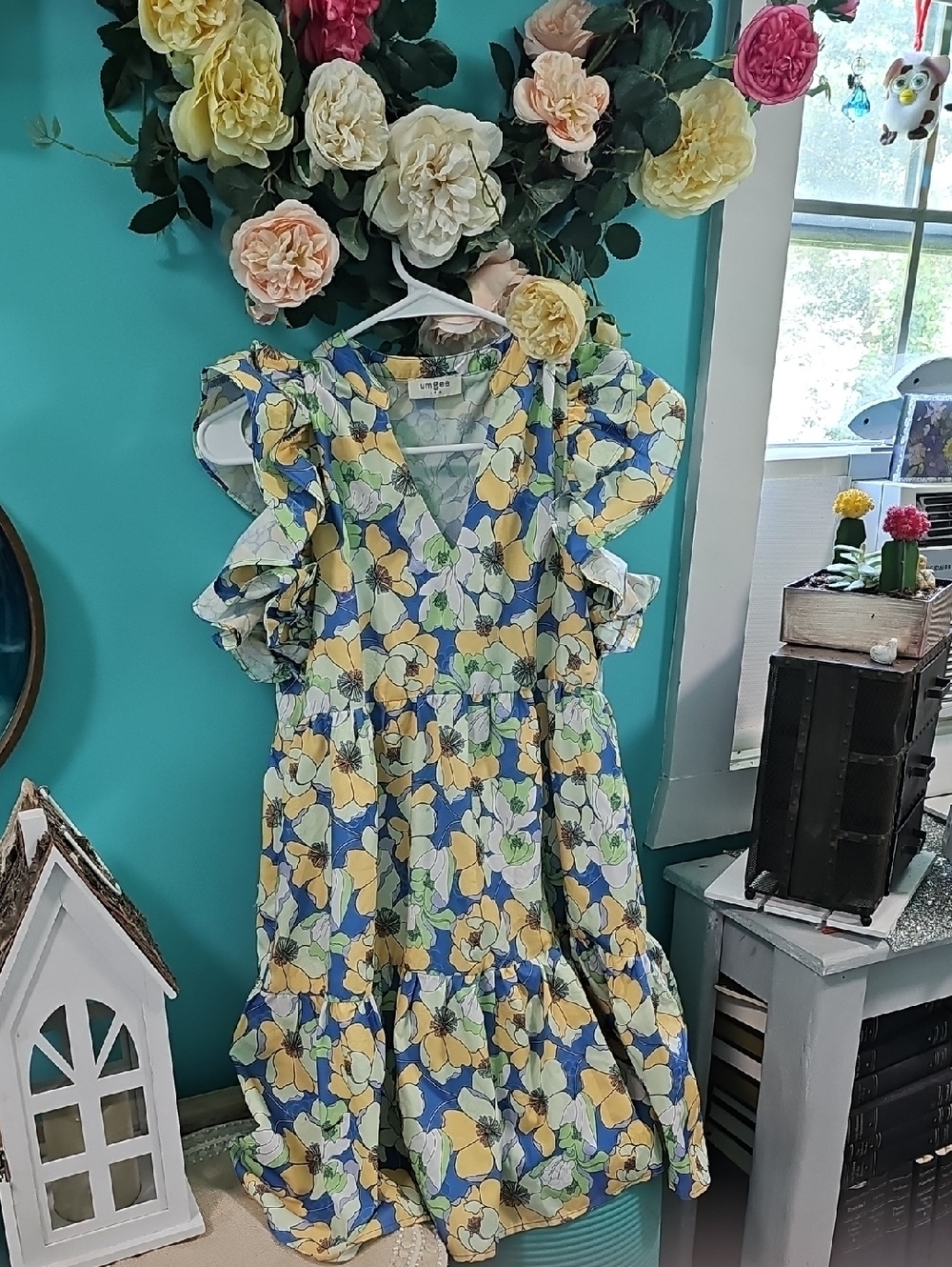 Ladies Umgee Floral Ruffle Sleeve Dress - Blue & Yellow With Pockets Size S